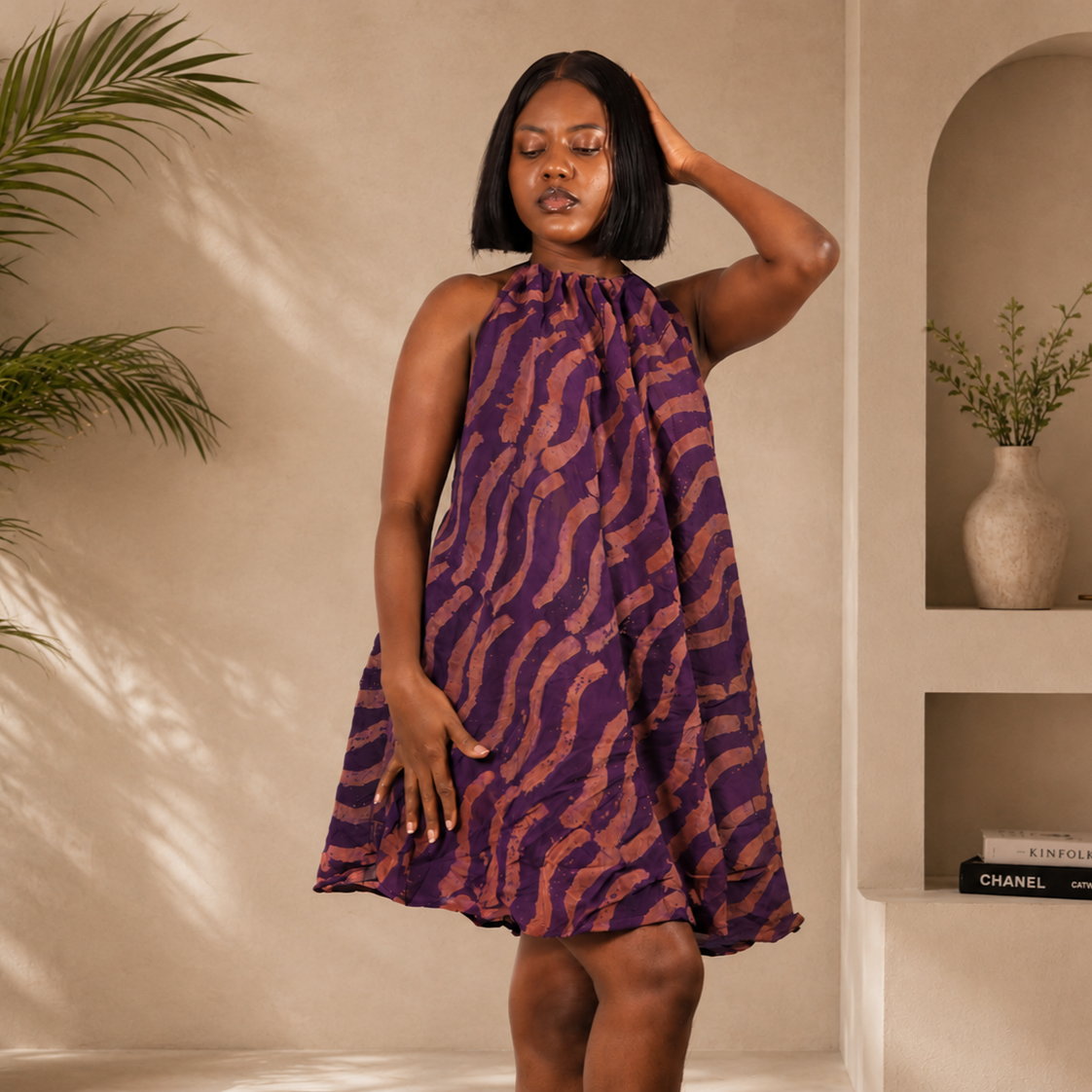 backless african print dress Queen Rayha Halter Tie Strap V-neck High Waist Backless Women's Flare Mini Dress in Brown Red Black and White African Ankara Kente